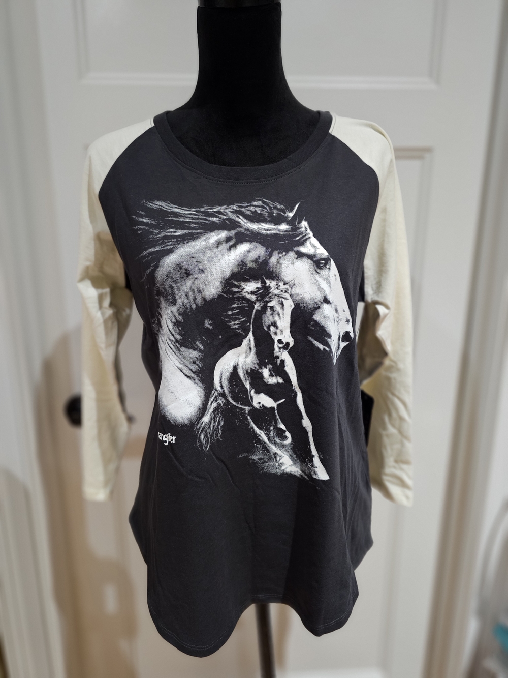 Wrangler Black and Cream Horse Graphic Raglan Tee, NWT